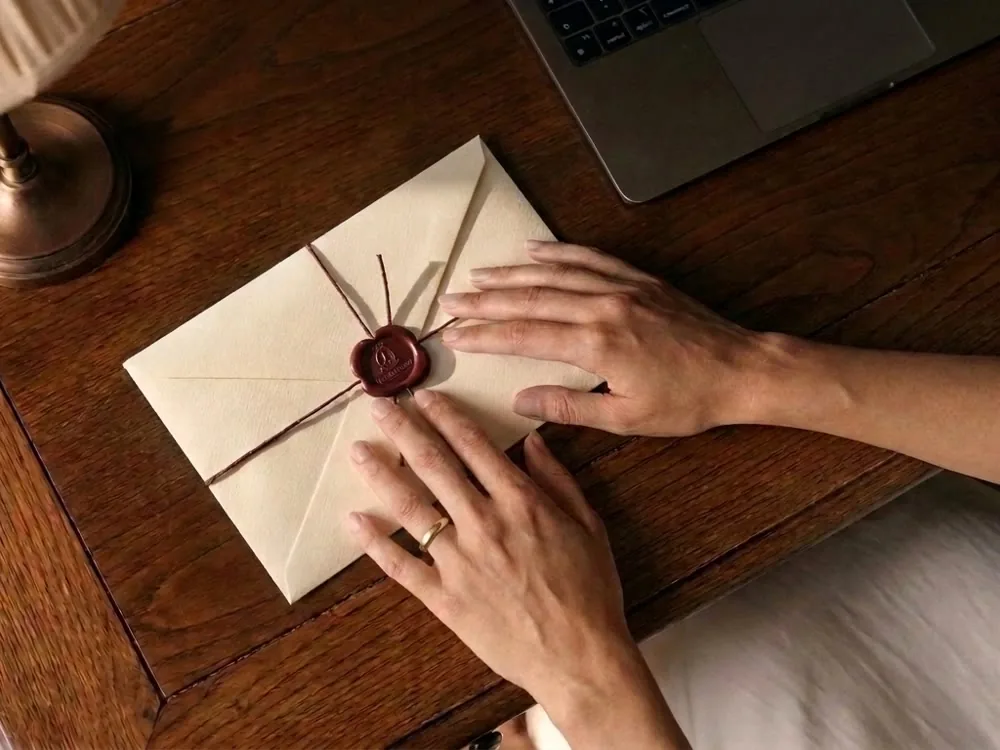 Mãos com aliança sobre uma carta lacrada numa mesa de madeira — vínculo civil, não cerimónia.